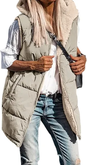 Womens Reversible Vests 2024 Winter Sleeveless Fleece Jacket Zip Up Hoodie Pockets Long Warm Coat Outerwear