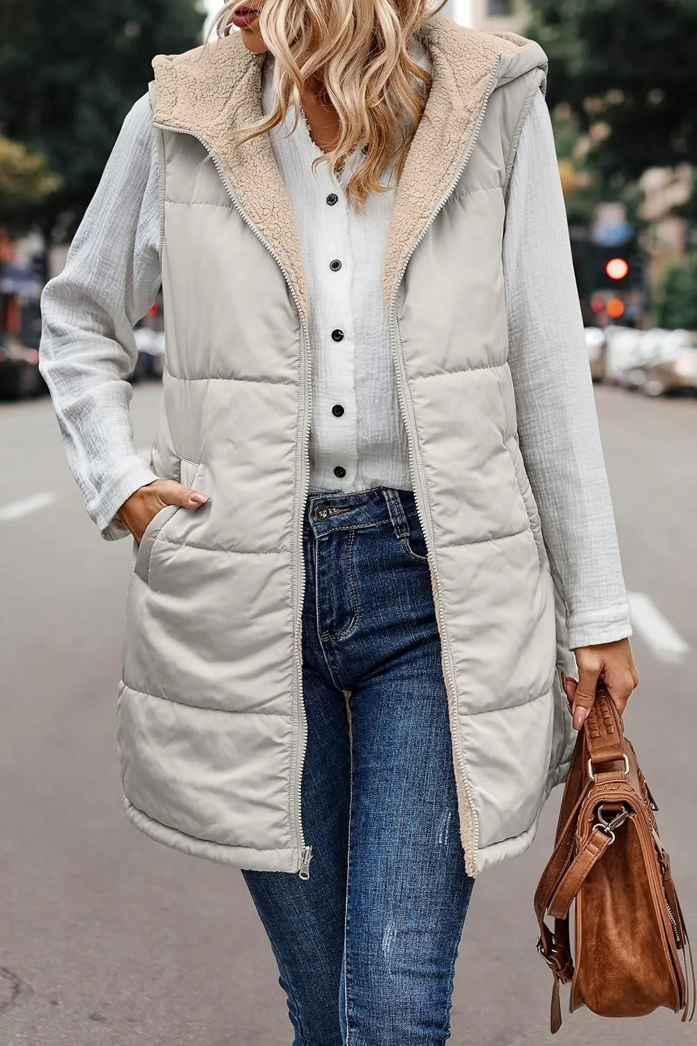 Womens Reversible Vests 2024 Winter Sleeveless Fleece Jacket Zip Up Hoodie Pockets Long Warm Coat Outerwear