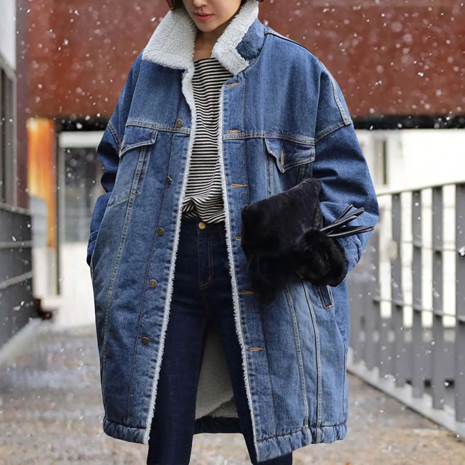 Women's Reversible Warm Notched Collar Jean Jacket Faux Denim Coat Trucker Jacket Cozy Jackets