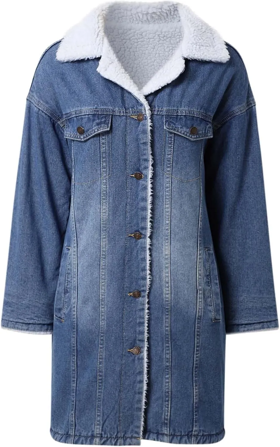 Women's Reversible Warm Notched Collar Jean Jacket Faux Denim Coat Trucker Jacket Cozy Jackets