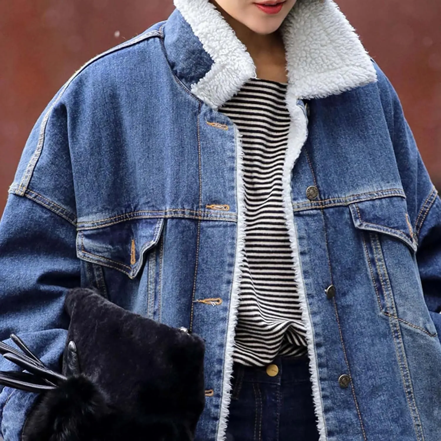Women's Reversible Warm Notched Collar Jean Jacket Faux Denim Coat Trucker Jacket Cozy Jackets