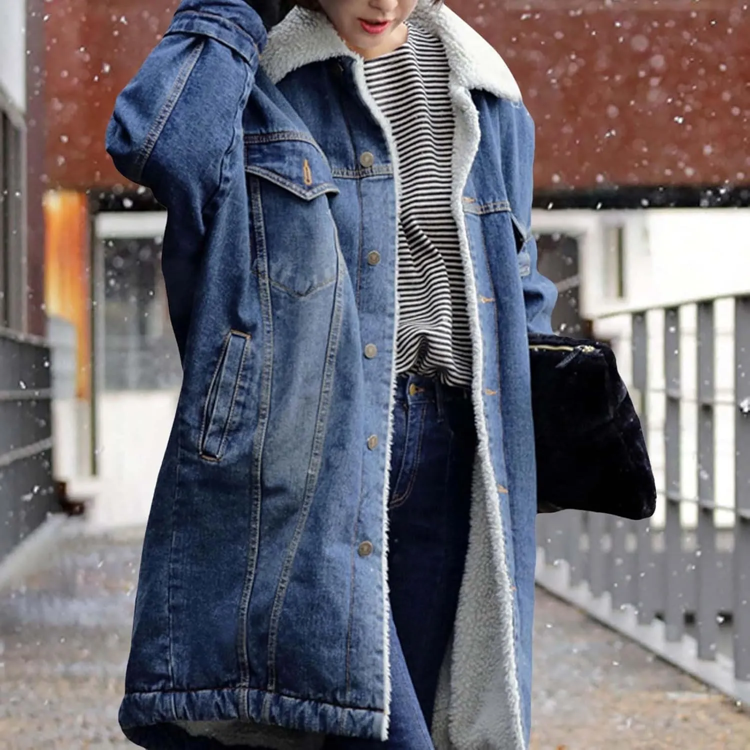Women's Reversible Warm Notched Collar Jean Jacket Faux Denim Coat Trucker Jacket Cozy Jackets