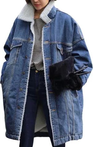 Women's Reversible Warm Notched Collar Jean Jacket Faux Denim Coat Trucker Jacket Cozy Jackets