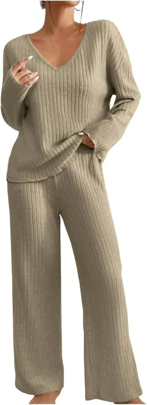 Womens Ribbed Knit Sweater Sets 2 Piece Outfits Lounge Sets Winter Cozy Fuzzy Warm Pajamas Loose Fit Sweater and Pant