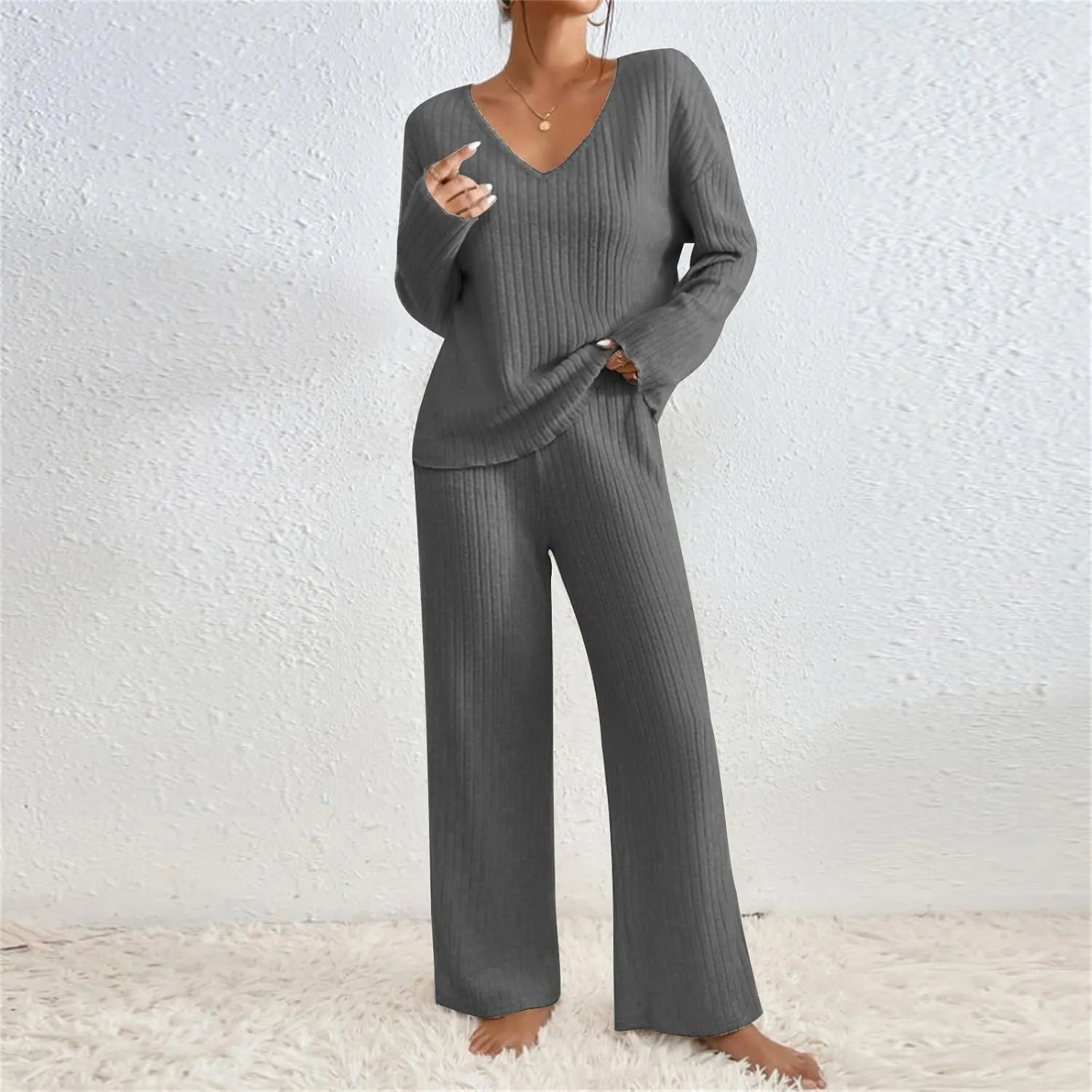 Womens Ribbed Knit Sweater Sets 2 Piece Outfits Lounge Sets Winter Cozy Fuzzy Warm Pajamas Loose Fit Sweater and Pant