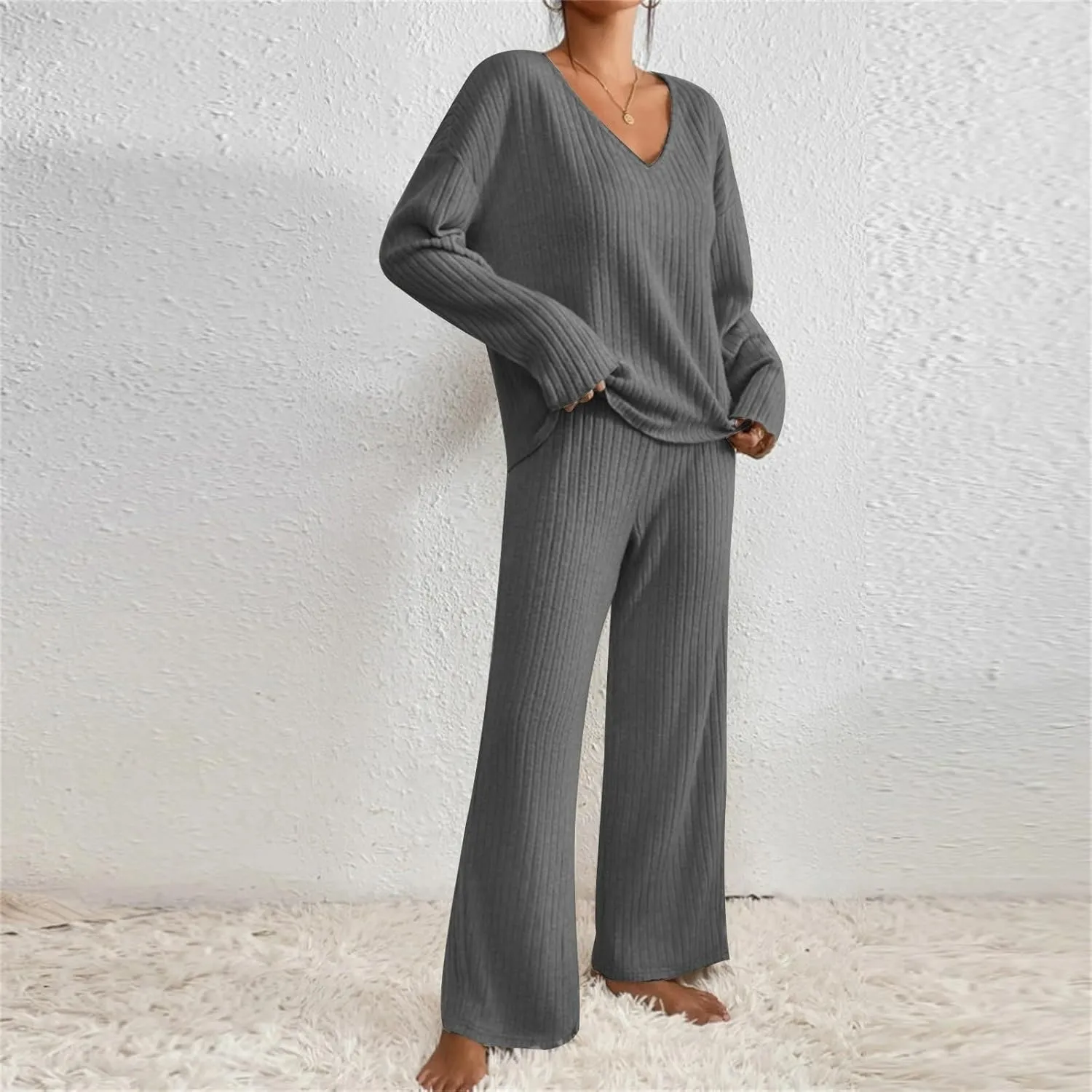 Womens Ribbed Knit Sweater Sets 2 Piece Outfits Lounge Sets Winter Cozy Fuzzy Warm Pajamas Loose Fit Sweater and Pant