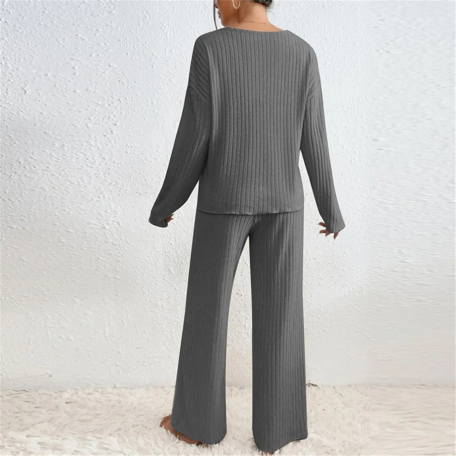 Womens Ribbed Knit Sweater Sets 2 Piece Outfits Lounge Sets Winter Cozy Fuzzy Warm Pajamas Loose Fit Sweater and Pant
