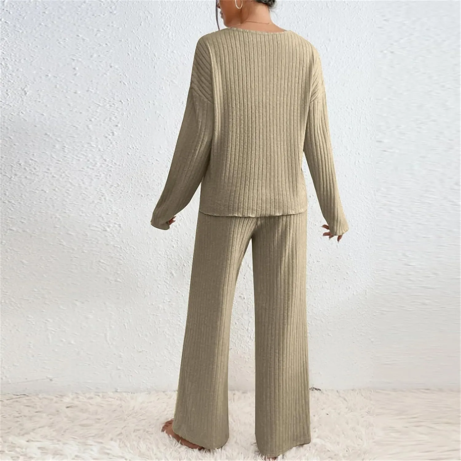 Womens Ribbed Knit Sweater Sets 2 Piece Outfits Lounge Sets Winter Cozy Fuzzy Warm Pajamas Loose Fit Sweater and Pant