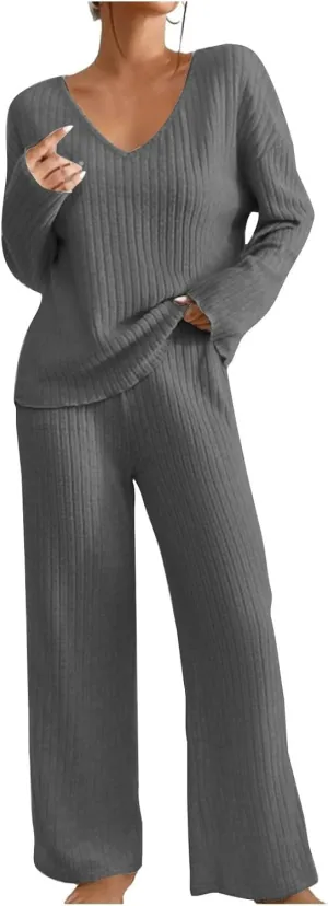 Womens Ribbed Knit Sweater Sets 2 Piece Outfits Lounge Sets Winter Cozy Fuzzy Warm Pajamas Loose Fit Sweater and Pant
