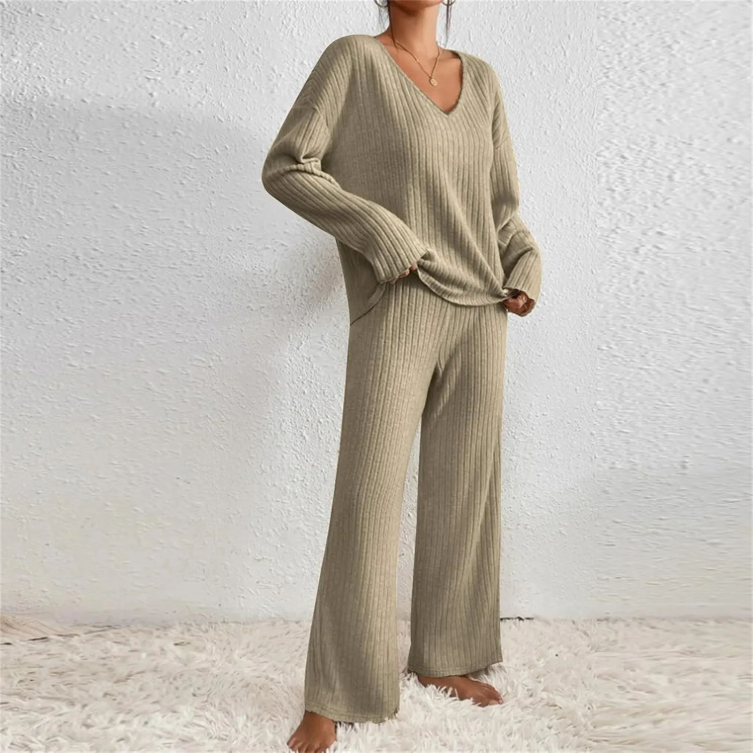 Womens Ribbed Knit Sweater Sets 2 Piece Outfits Lounge Sets Winter Cozy Fuzzy Warm Pajamas Loose Fit Sweater and Pant