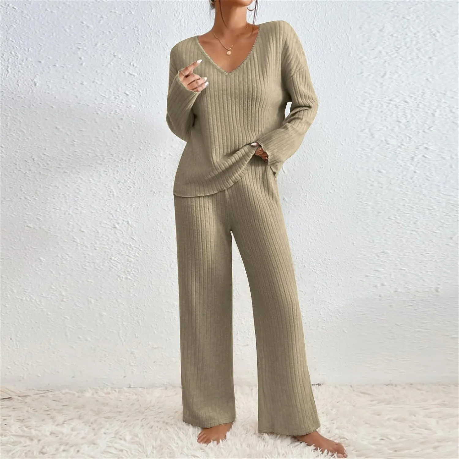 Womens Ribbed Knit Sweater Sets 2 Piece Outfits Lounge Sets Winter Cozy Fuzzy Warm Pajamas Loose Fit Sweater and Pant