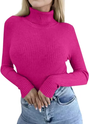 Women's Ribbed Long Sleeve Tops Turtleneck Knit Sweater Slim Fit Basic Trendy Shirts