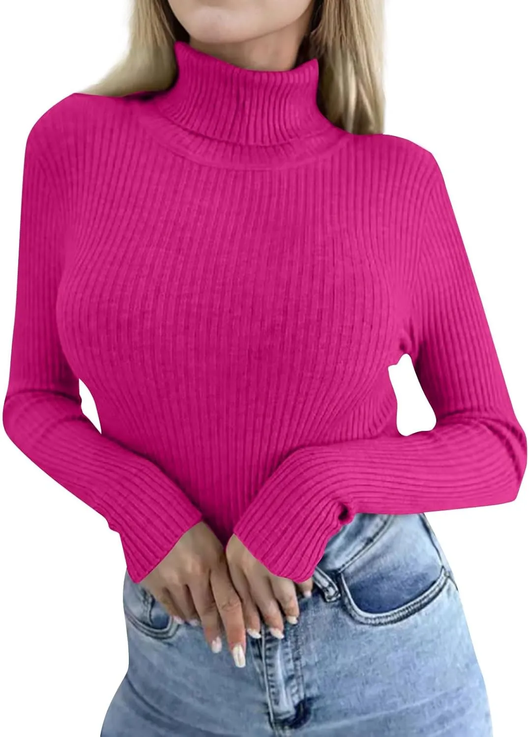 Women's Ribbed Long Sleeve Tops Turtleneck Knit Sweater Slim Fit Basic Trendy Shirts