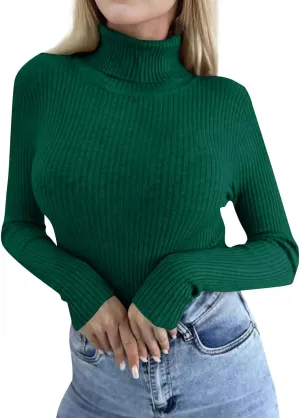 Women's Ribbed Long Sleeve Tops Turtleneck Knit Sweater Slim Fit Basic Trendy Shirts