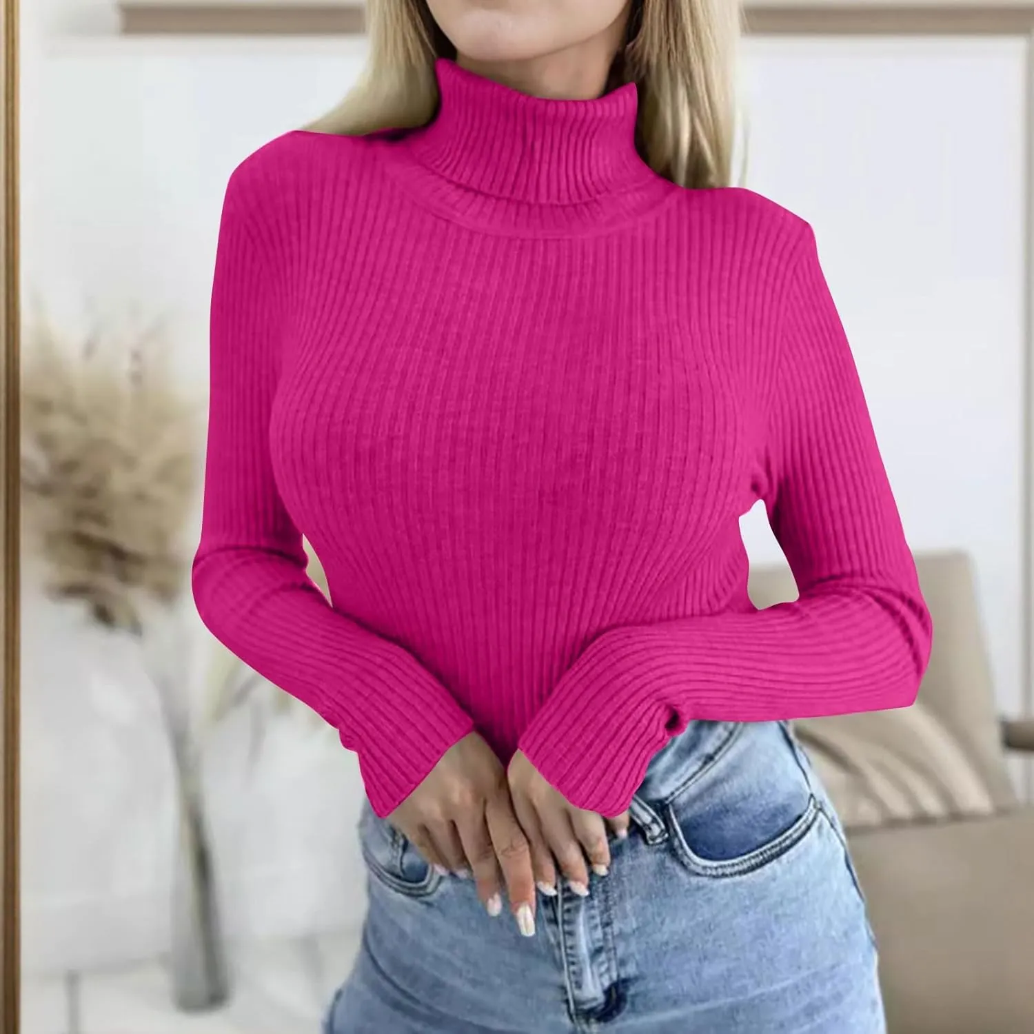 Women's Ribbed Long Sleeve Tops Turtleneck Knit Sweater Slim Fit Basic Trendy Shirts