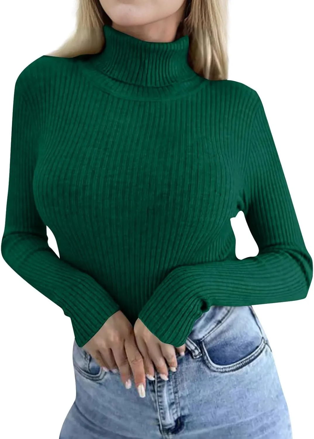 Women's Ribbed Long Sleeve Tops Turtleneck Knit Sweater Slim Fit Basic Trendy Shirts