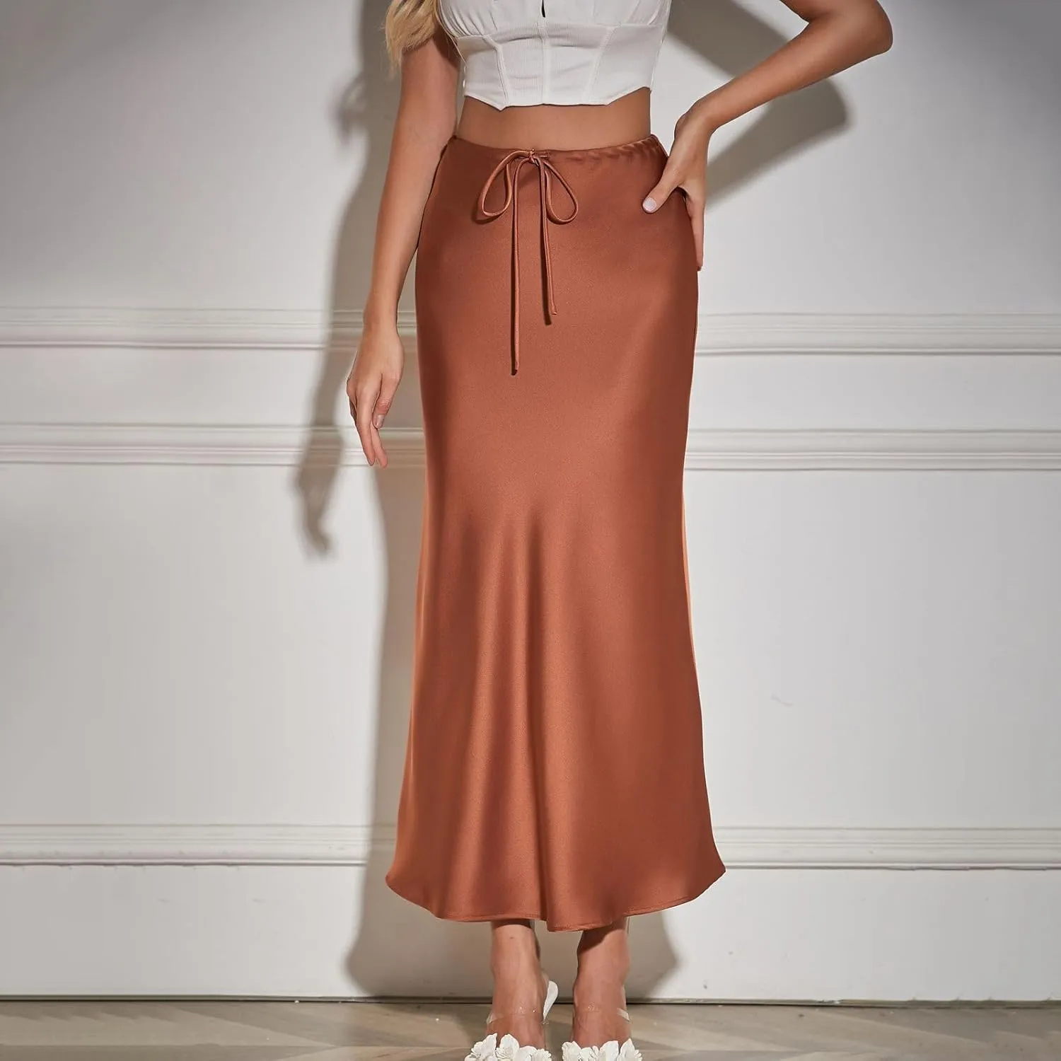 Womens Satin Maxi Skirts Drawstring High Waist Silk Elegant Flowy Casual A-Line Long Skirt Cocktail Party Weekend Midi Skirts