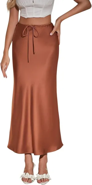 Womens Satin Maxi Skirts Drawstring High Waist Silk Elegant Flowy Casual A-Line Long Skirt Cocktail Party Weekend Midi Skirts