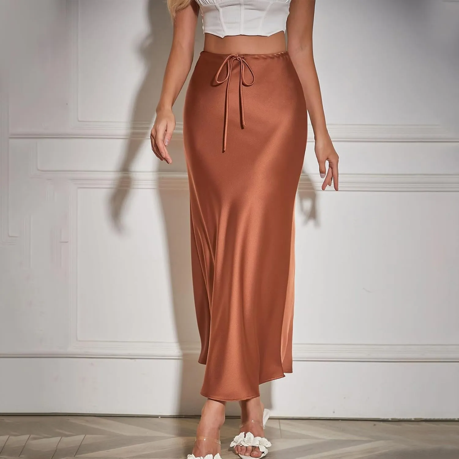 Womens Satin Maxi Skirts Drawstring High Waist Silk Elegant Flowy Casual A-Line Long Skirt Cocktail Party Weekend Midi Skirts