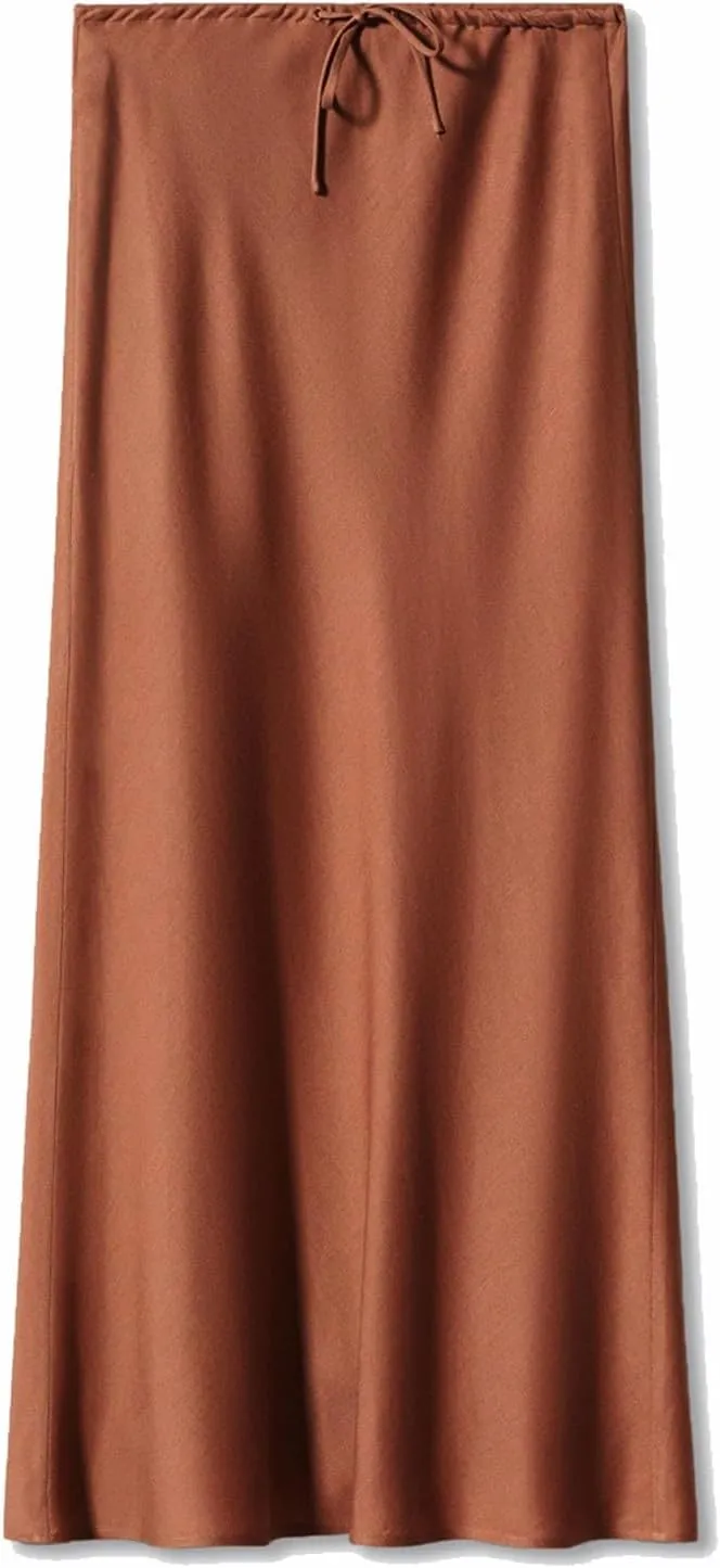 Womens Satin Maxi Skirts Drawstring High Waist Silk Elegant Flowy Casual A-Line Long Skirt Cocktail Party Weekend Midi Skirts