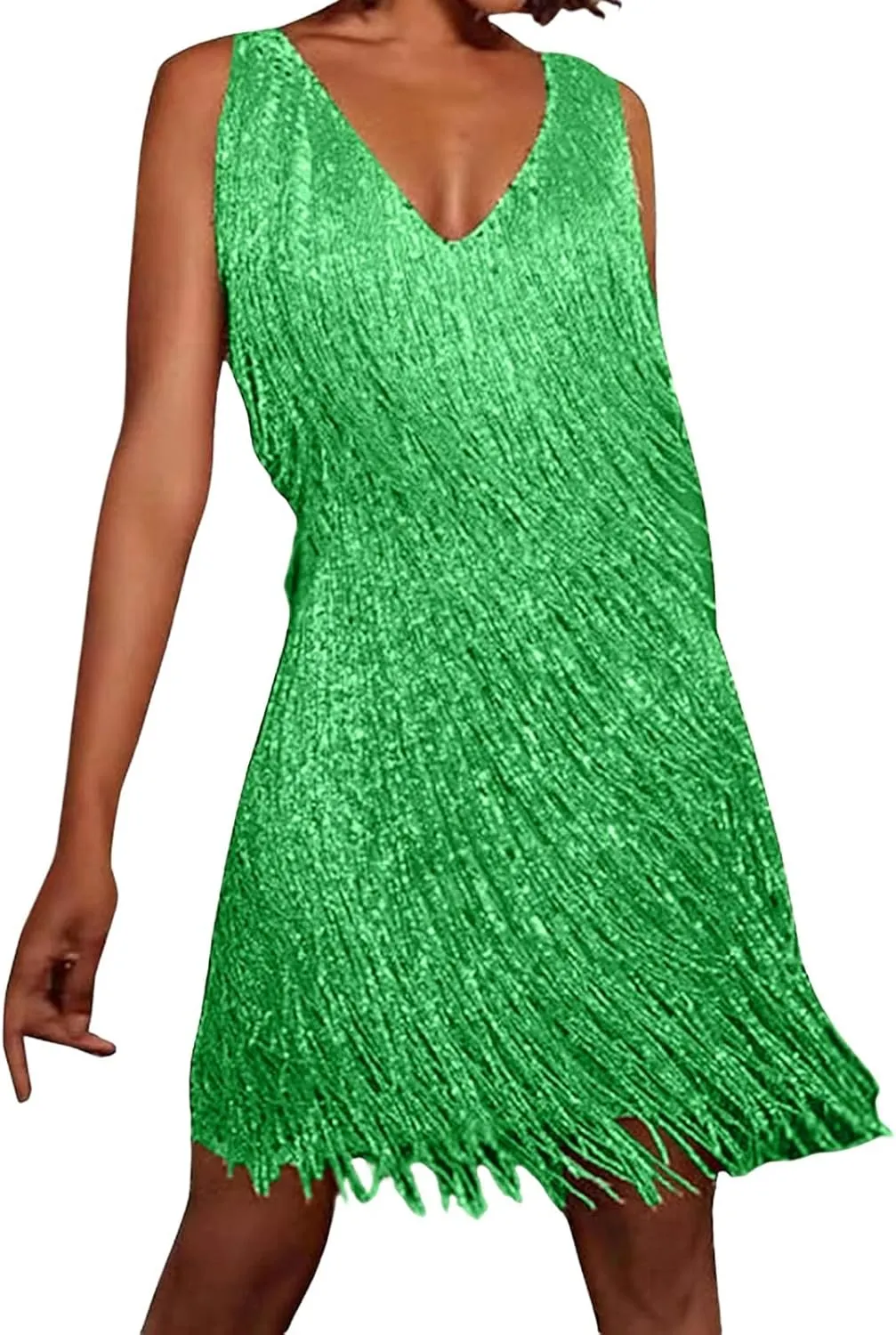 Womens Sequin Fringe Dress Spring Casual Disco Mini Dresses Sleeveless V Neck Dance Club Wear Swing Party Short Skirt