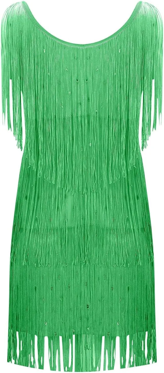 Womens Sequin Fringe Dress Spring Casual Disco Mini Dresses Sleeveless V Neck Dance Club Wear Swing Party Short Skirt
