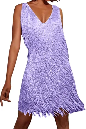 Womens Sequin Fringe Dress Spring Casual Disco Mini Dresses Sleeveless V Neck Dance Club Wear Swing Party Short Skirt