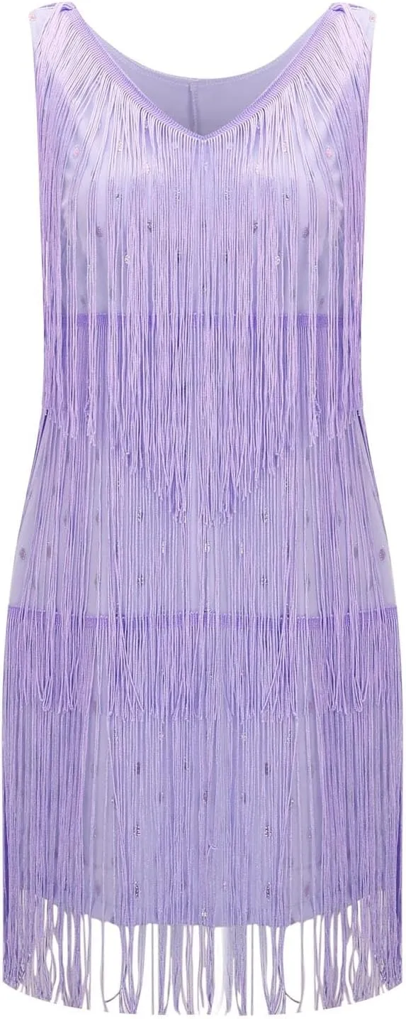 Womens Sequin Fringe Dress Spring Casual Disco Mini Dresses Sleeveless V Neck Dance Club Wear Swing Party Short Skirt
