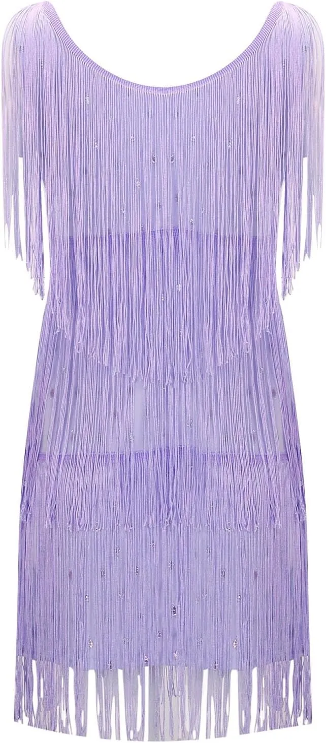 Womens Sequin Fringe Dress Spring Casual Disco Mini Dresses Sleeveless V Neck Dance Club Wear Swing Party Short Skirt