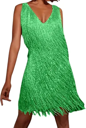 Womens Sequin Fringe Dress Spring Casual Disco Mini Dresses Sleeveless V Neck Dance Club Wear Swing Party Short Skirt