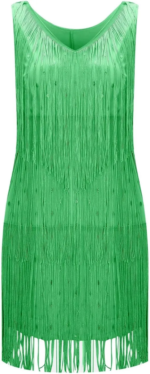 Womens Sequin Fringe Dress Spring Casual Disco Mini Dresses Sleeveless V Neck Dance Club Wear Swing Party Short Skirt