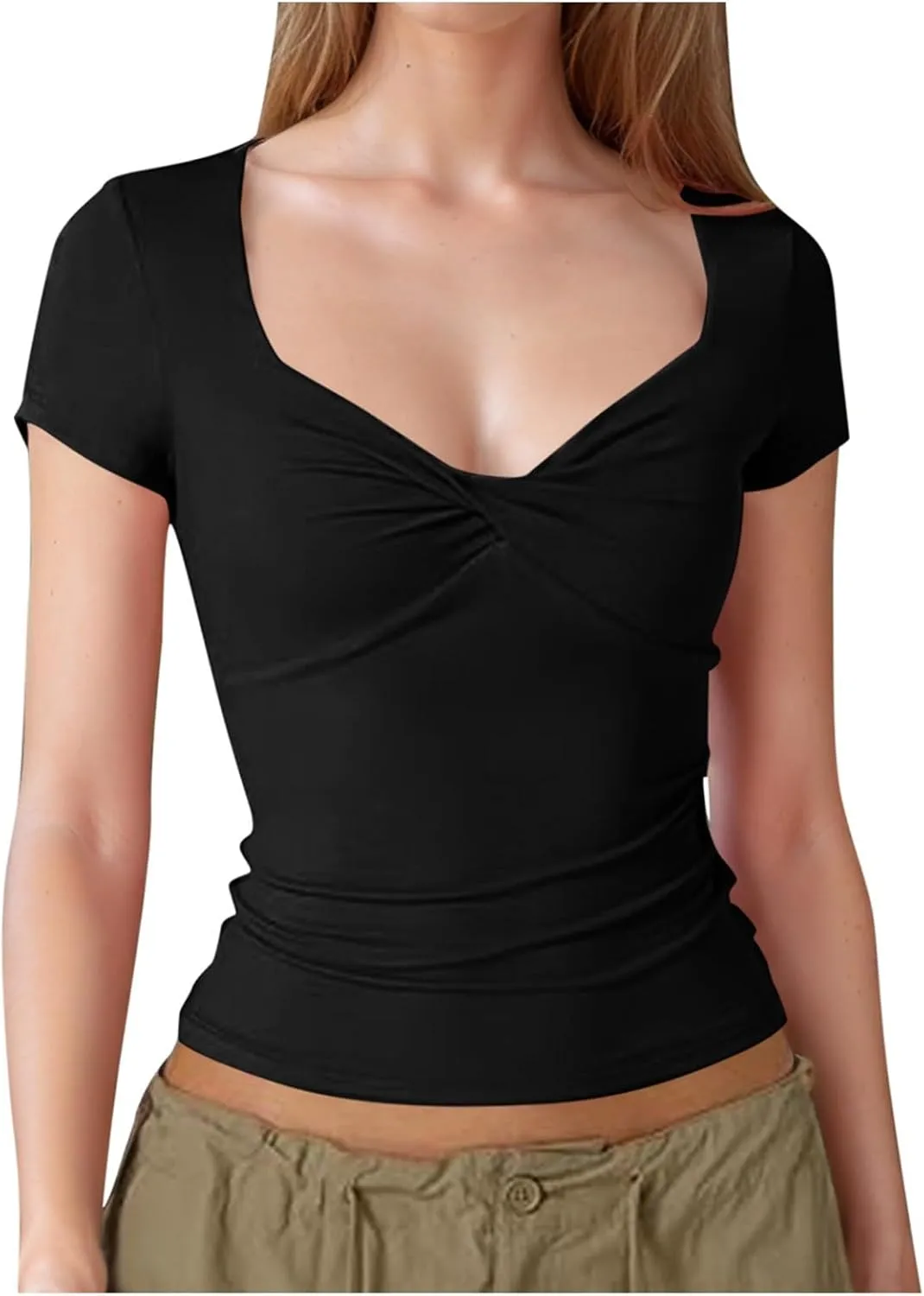 Women's Sexy Twist Front V Neck T Shirts Double Lined Short Sleeve Slim Fit Crop Top Trendy Y2K Tops Tee