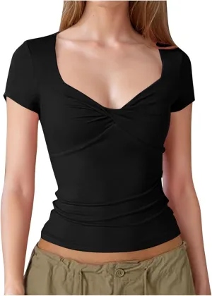 Women's Sexy Twist Front V Neck T Shirts Double Lined Short Sleeve Slim Fit Crop Top Trendy Y2K Tops Tee
