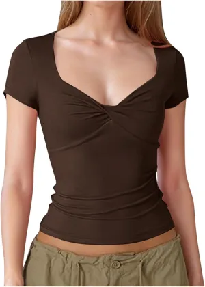 Women's Sexy Twist Front V Neck T Shirts Double Lined Short Sleeve Slim Fit Crop Top Trendy Y2K Tops Tee