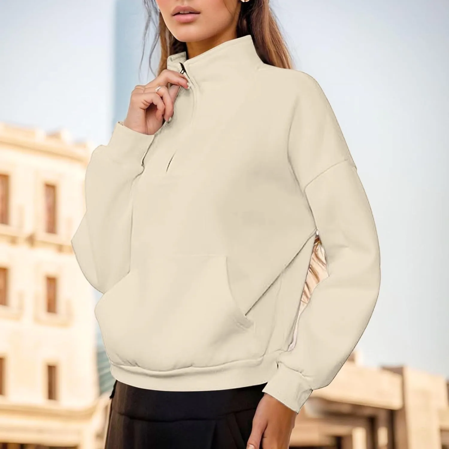 Womens Shirt Womens Sweatshirts Half Zip Cropped Pullover Fleece Quarter Zipper Hoodies Fall outfits Clothes