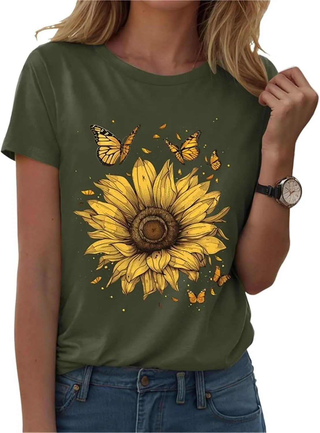 Womens Short Sleeve Round Neck Sunflower Graphic Printed Summer Tee Vintage T Shirt Casual Cotton Tops