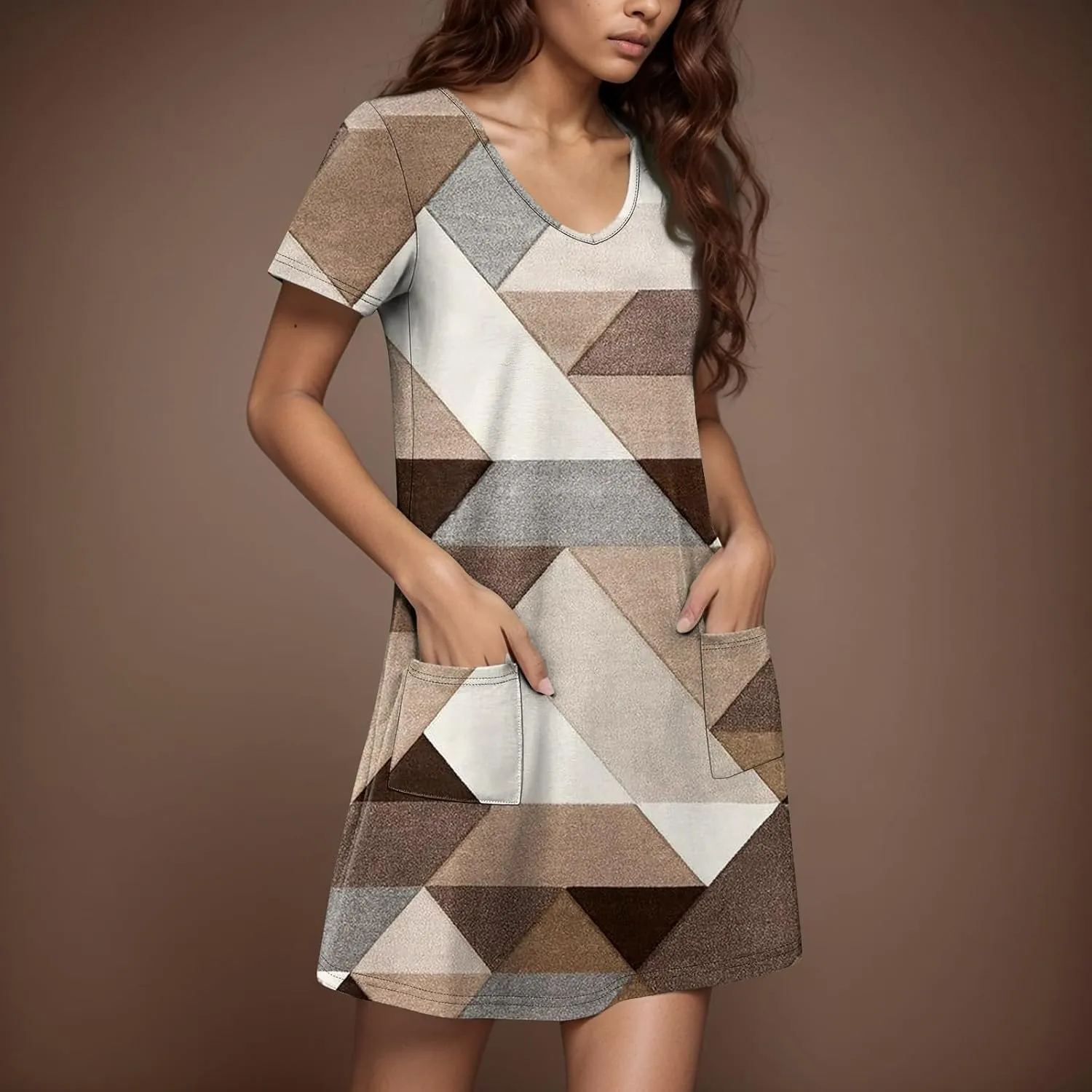 Womens Short Sleeve T Shirt Dress Casual V Neck Mini Sundress Summer Loose Fit Beach Vacation Outfits with Pockets