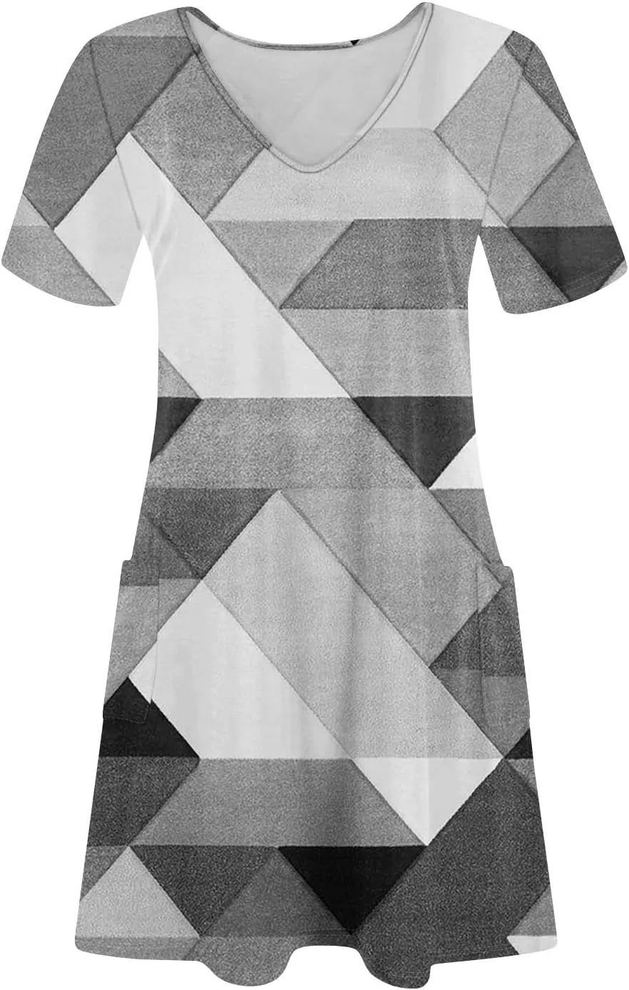 Womens Short Sleeve T Shirt Dress Casual V Neck Mini Sundress Summer Loose Fit Beach Vacation Outfits with Pockets