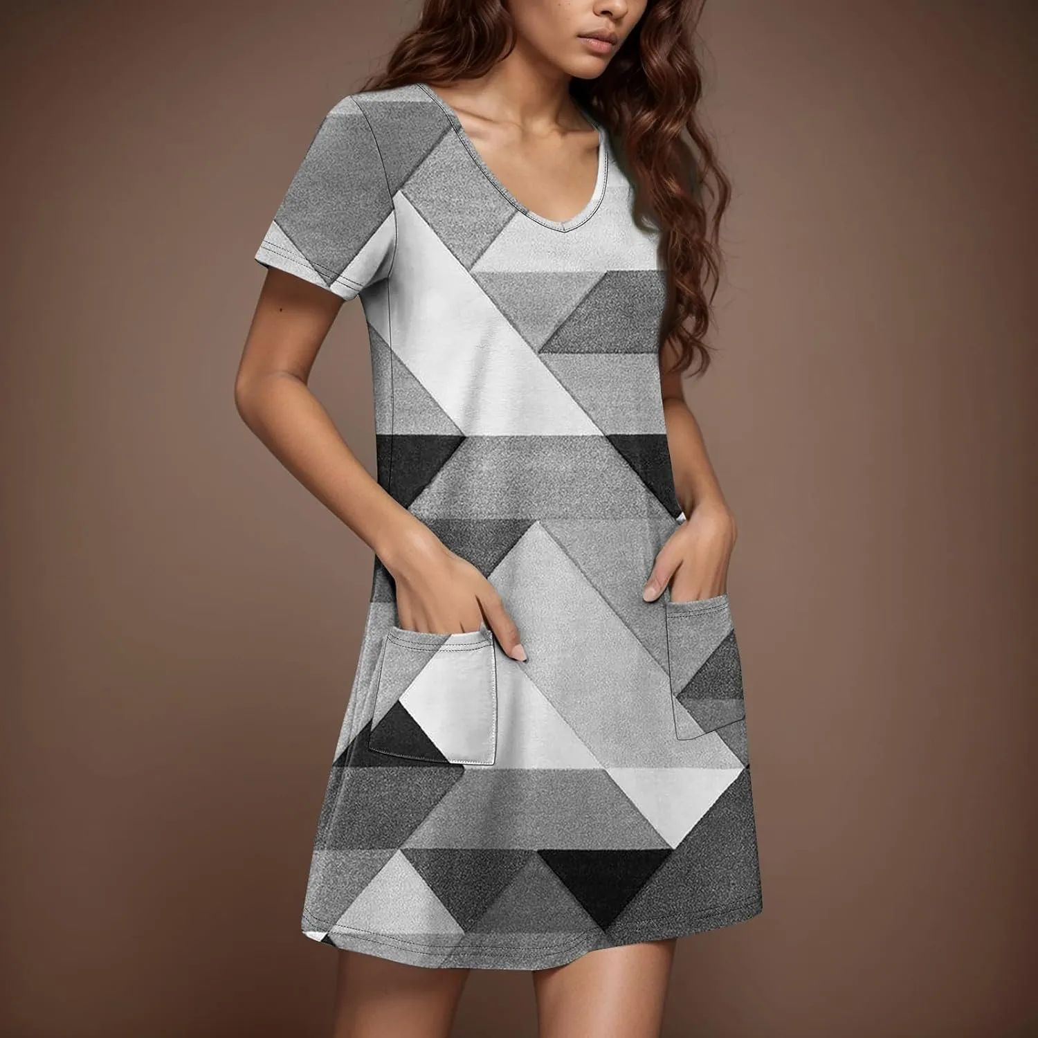 Womens Short Sleeve T Shirt Dress Casual V Neck Mini Sundress Summer Loose Fit Beach Vacation Outfits with Pockets