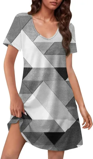 Womens Short Sleeve T Shirt Dress Casual V Neck Mini Sundress Summer Loose Fit Beach Vacation Outfits with Pockets