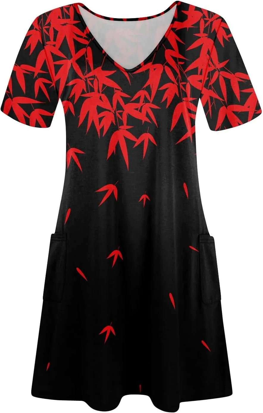 Womens Short Sleeve T Shirt Dress Casual V Neck Mini Sundress Summer Loose Fit Beach Vacation Outfits with Pockets