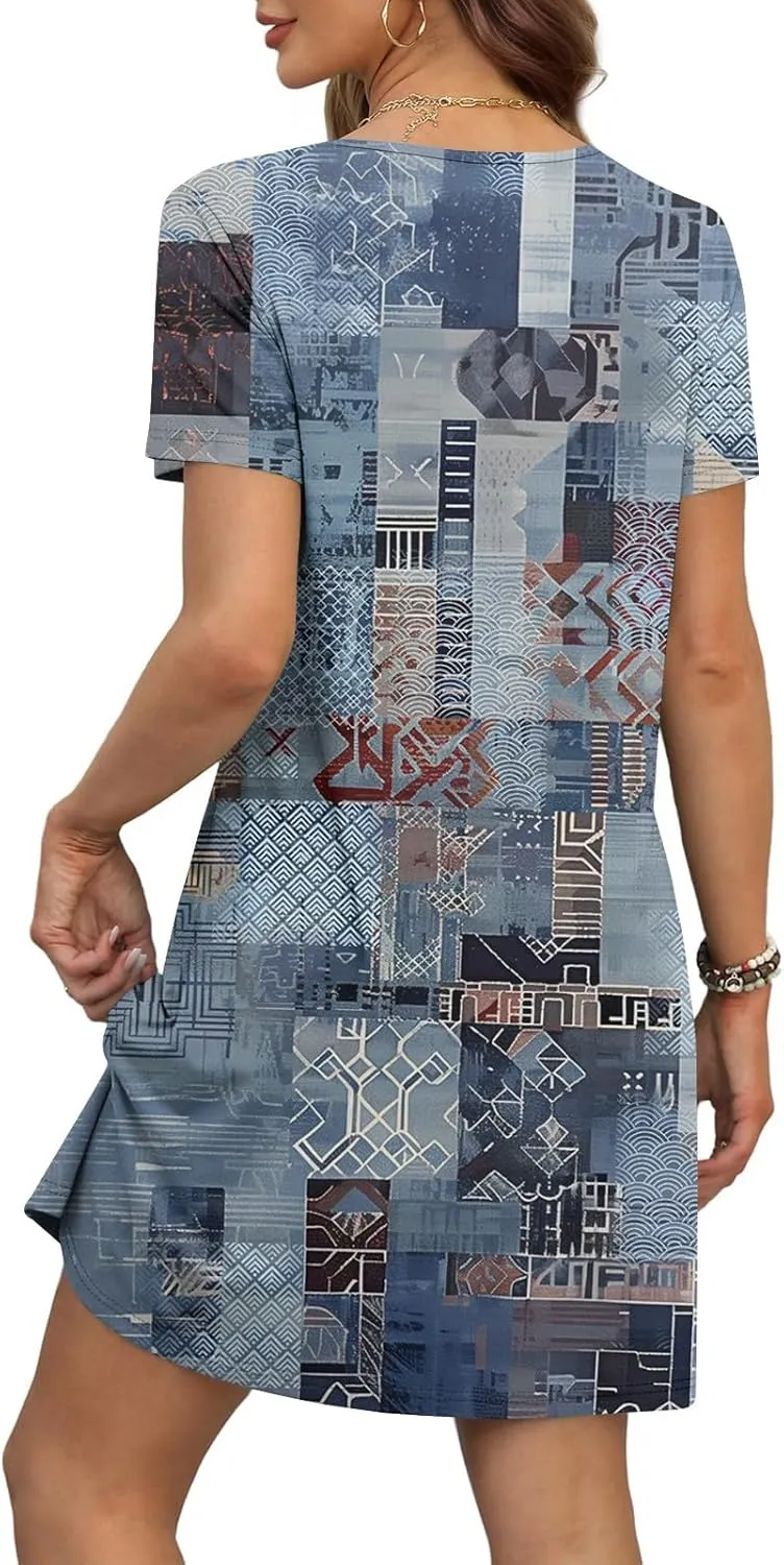 Womens Short Sleeve T Shirt Dress Vintage Printed V Neck Mini Sundress Summer Beach Vacation Outfits with Pockets