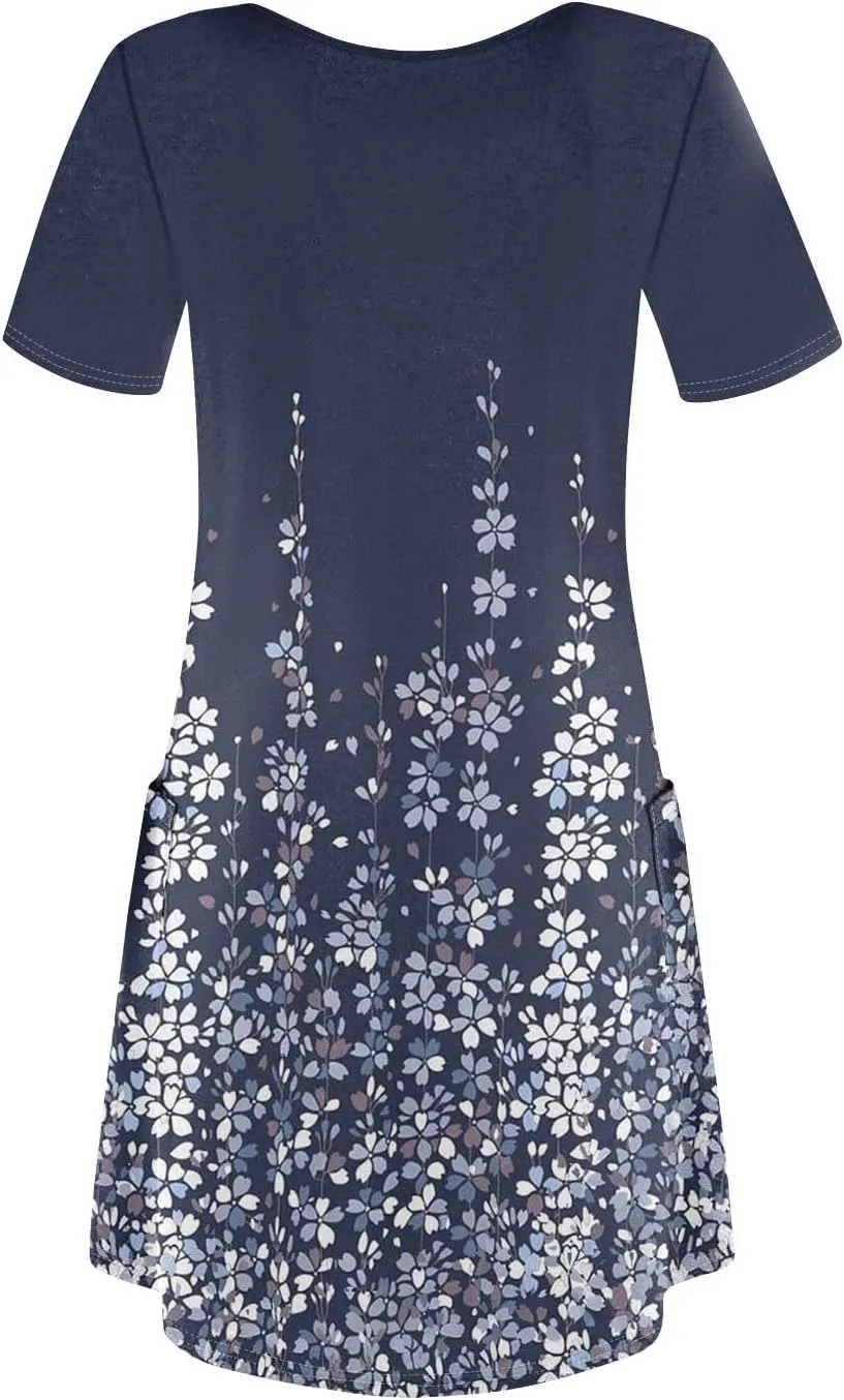Womens Short Sleeve T Shirt Dress Vintage Printed V Neck Mini Sundress Summer Beach Vacation Outfits with Pockets