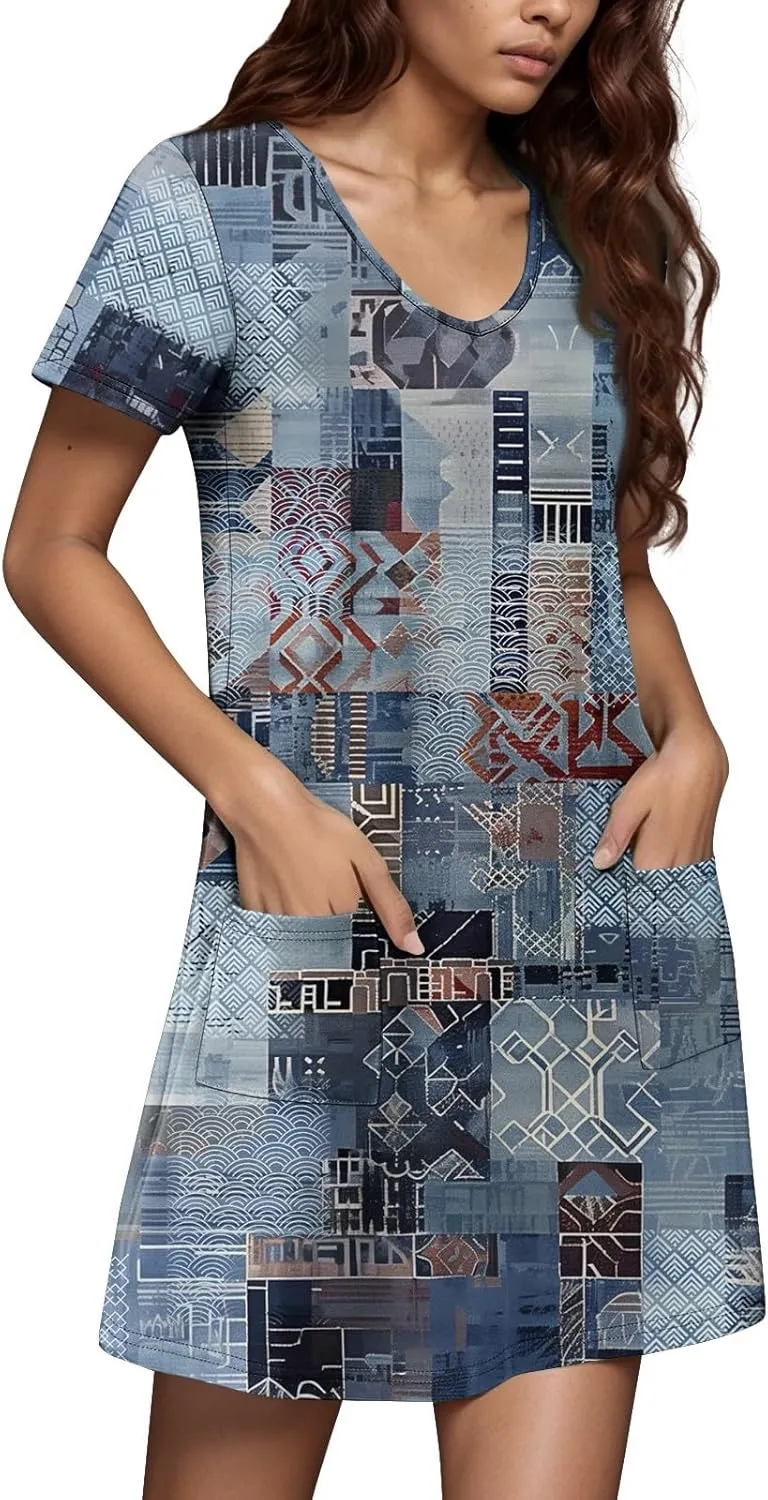 Womens Short Sleeve T Shirt Dress Vintage Printed V Neck Mini Sundress Summer Beach Vacation Outfits with Pockets