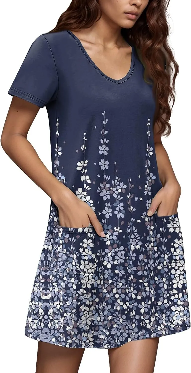 Womens Short Sleeve T Shirt Dress Vintage Printed V Neck Mini Sundress Summer Beach Vacation Outfits with Pockets