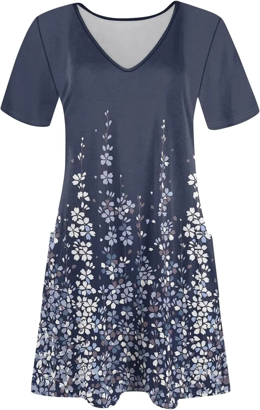 Womens Short Sleeve T Shirt Dress Vintage Printed V Neck Mini Sundress Summer Beach Vacation Outfits with Pockets