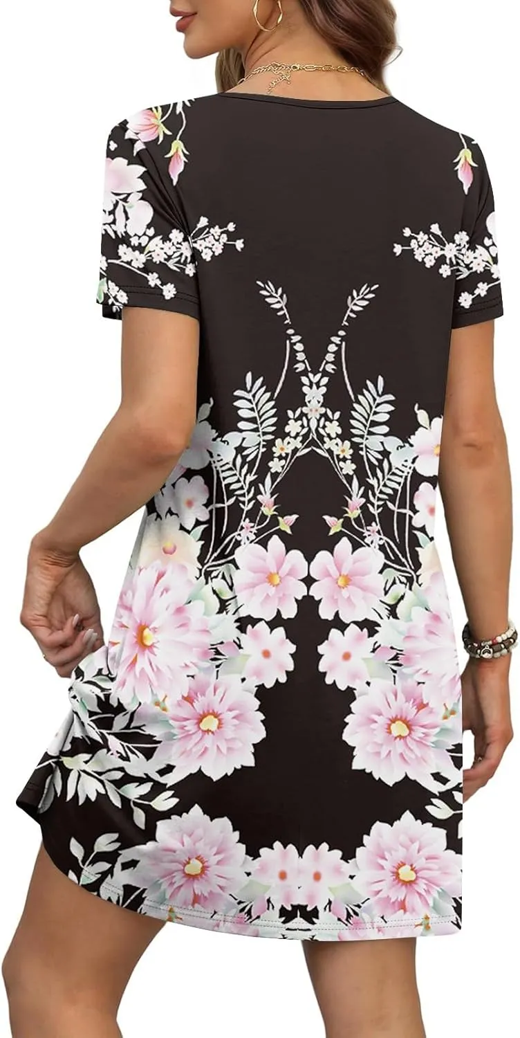 Womens Short Sleeve T Shirt Dress Vintage Printed V Neck Mini Sundress Summer Beach Vacation Outfits with Pockets