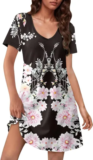 Womens Short Sleeve T Shirt Dress Vintage Printed V Neck Mini Sundress Summer Beach Vacation Outfits with Pockets