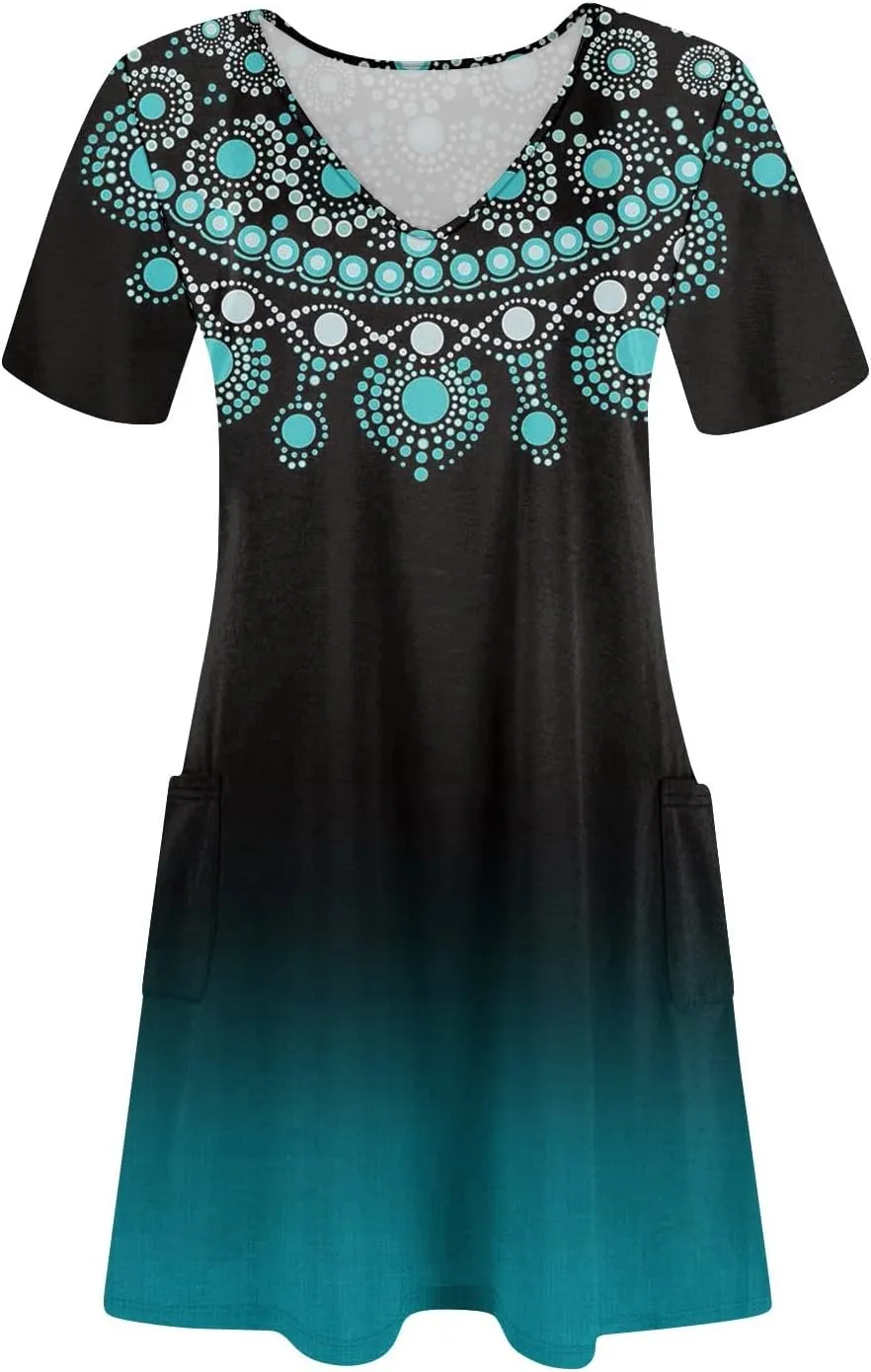 Womens Short Sleeve T Shirt Dress Vintage Printed V Neck Mini Sundress Summer Beach Vacation Outfits with Pockets