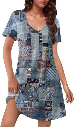 Womens Short Sleeve T Shirt Dress Vintage Printed V Neck Mini Sundress Summer Beach Vacation Outfits with Pockets